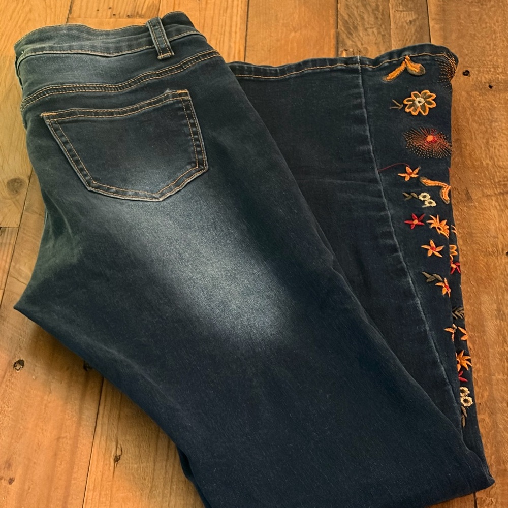 BAMBOO Dark Blue Flare Jeans with Orange & Yellow Floral Embroidery